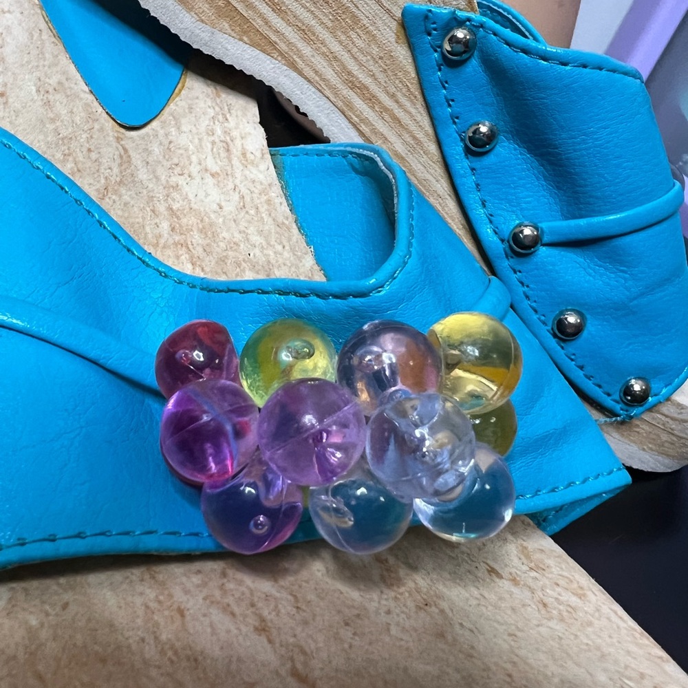 Bubblegum sandals vintage 80s 90s blue studded wedge heeled slides blue y2k - Picture 2 of 10